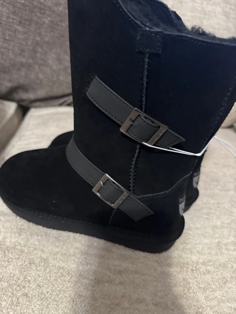 BearPaw Valerie Black Suede Short Shearling Boots with Buckle Strap